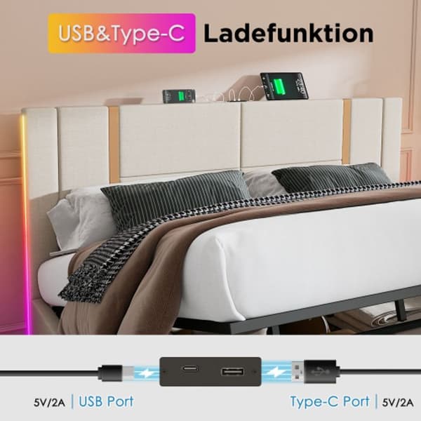 Stoppad säng Laddningsfunktion USB Typ C APP-kontroll LED 160 x 200 sängram, beige linnetyg (med madrass)