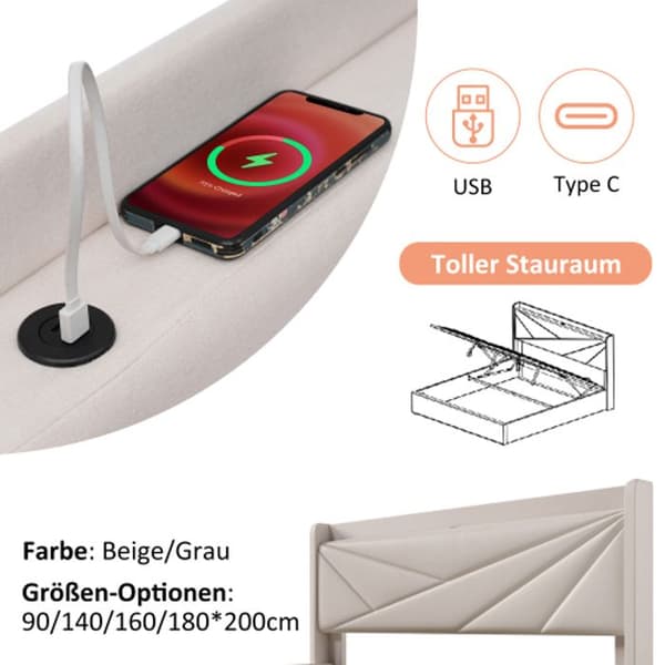 Stoppad säng dubbelsäng förvaringsbox med USB C sänggavel, linne förvaring sängram 140x200, (med madrass)
