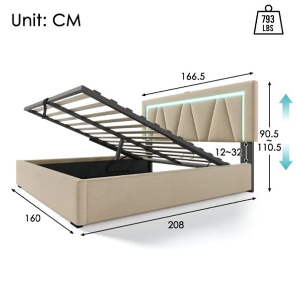Klädd LED-säng med USB Typ C LED-belysning, sängstomme i linne Ungdomssäng 160x200 med spjälbotten (med madrass)
