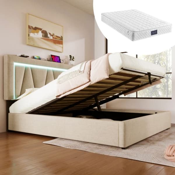 Klädd LED-säng med USB Typ C LED-belysning, sängstomme i linne Ungdomssäng 160x200 med spjälbotten (med madrass)