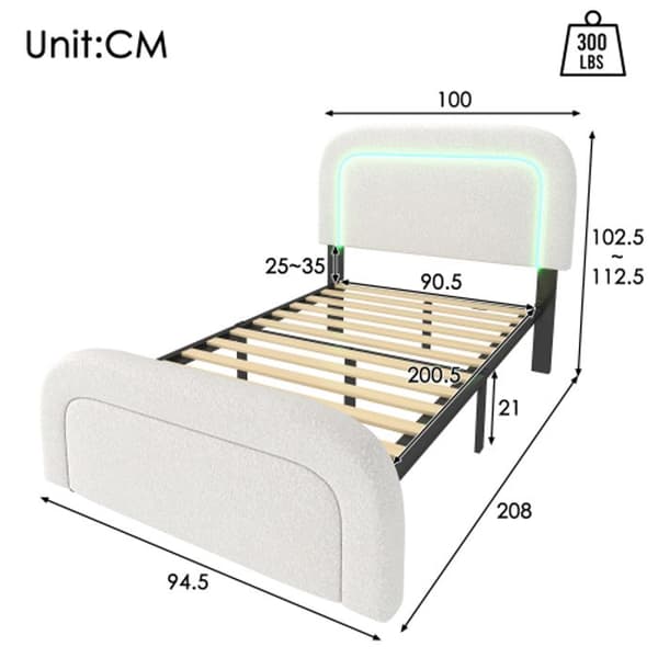Med USB Type C LED-belysning, stoppad säng 90x200 cm, justerbar sänggavel, träribbad, Sherp-vit (med madrass)