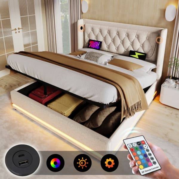 Dubbel säng 140*200 cm, beige bomull, klädd huvudgavel, med USB Type-C-laddning, (madrass ingår ej).