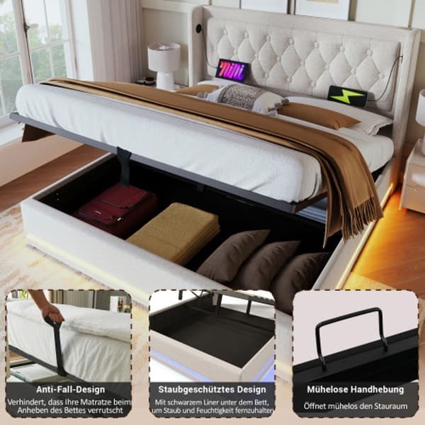 Dubbel säng 140*200 cm, beige bomull, klädd huvudgavel, med USB Type-C-laddning, (madrass ingår ej).