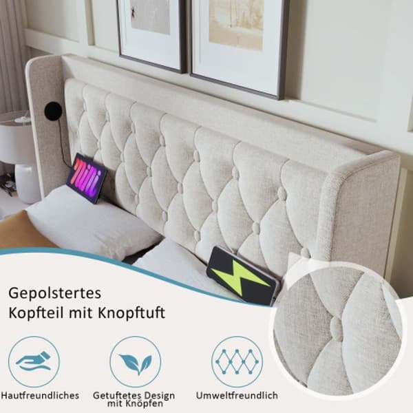 Dubbel säng 140*200 cm, beige bomull, klädd huvudgavel, med USB Type-C-laddning, (madrass ingår ej).