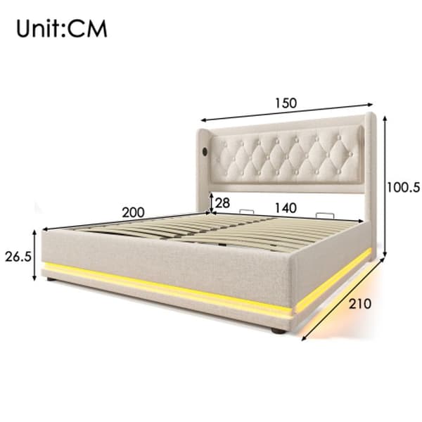 Dubbel säng 140*200 cm, beige bomull, klädd huvudgavel, med USB Type-C-laddning, (madrass ingår ej).