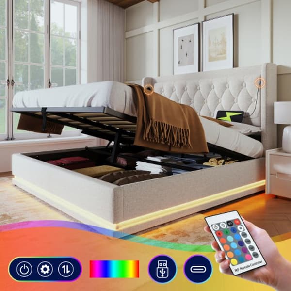Dubbel säng 140*200 cm, beige bomull, klädd huvudgavel, med USB Type-C-laddning, (madrass ingår ej).