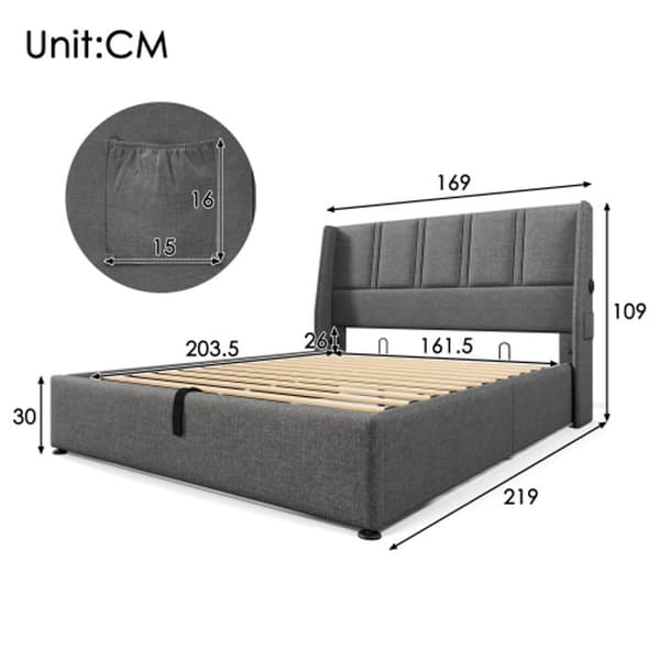 Uppfyllt USB-säng med hydrauliska sidofickor 160x200 cm, träribbsängbotten, linne, grå