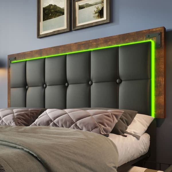 Sängram med LED-ljusstång och 4 lådor, tuftad säng 160x200cm, justerbar sänggavel i höjd, svart PU (utan madrass)