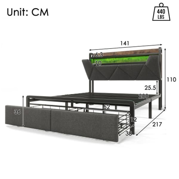 Infällbar sänggavel med USB Typ C med LED-belysning och lådor, 140x200 säng, grå (med madrass)