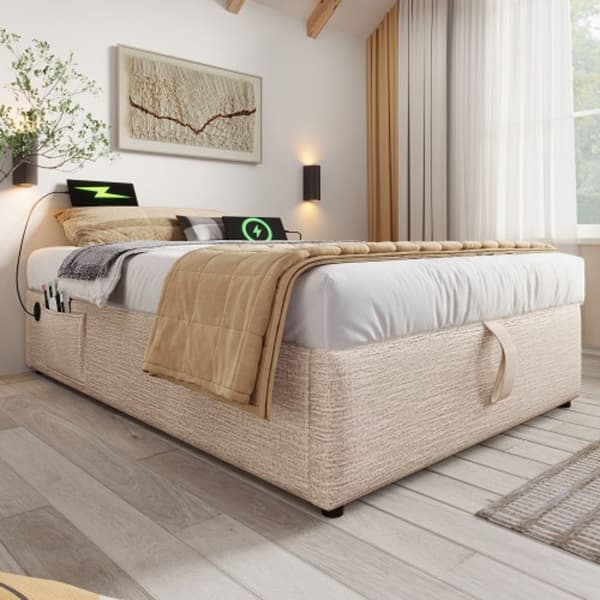 Klädd säng 90x190cm, sängram med USB-C-kontakt och integrerad lamellbotten, utan sänggavel, linne, naturlig färg