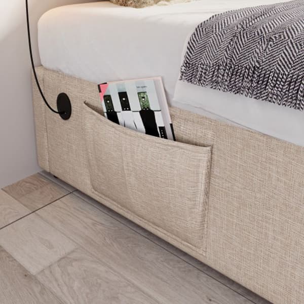 Klädd säng 90x190cm, sängram med USB-C-kontakt och integrerad lamellbotten, utan sänggavel, linne, naturlig färg