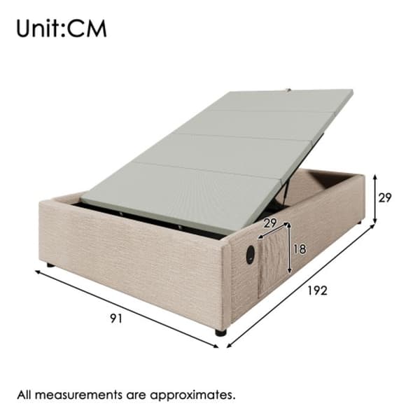 Klädd säng 90x190cm, sängram med USB-C-kontakt och integrerad lamellbotten, utan sänggavel, linne, naturlig färg