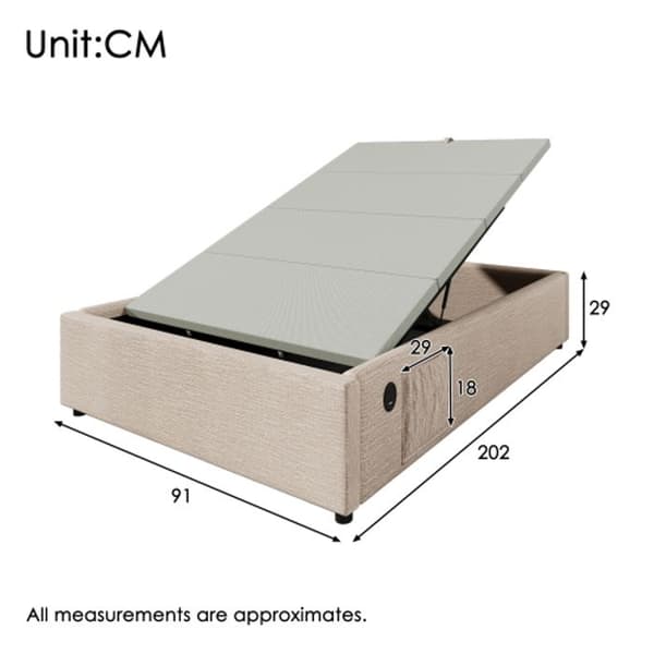 Klädd säng 90 x 200 cm, med USB-C-kontakt och inbyggd lamellram utan sänggavel, linne, naturlig färg.