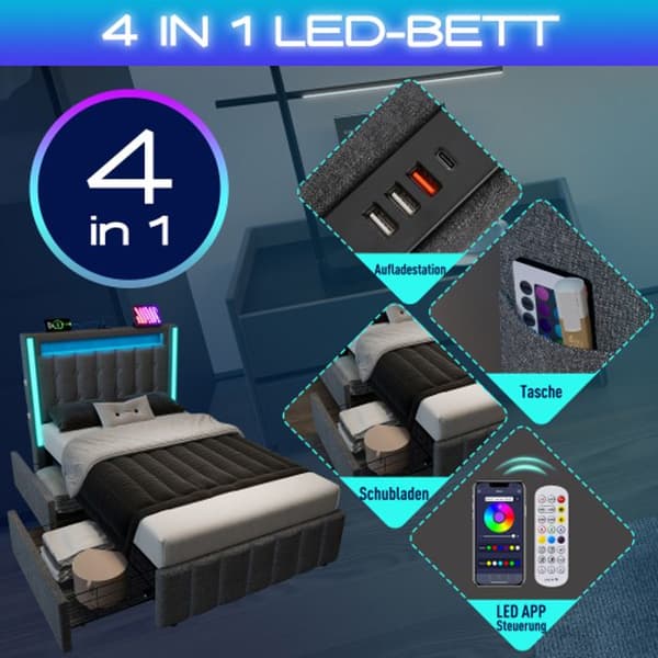 Säng med stoppning och USB Typ C-laddningsfunktion, LED-belysning och 2 lådor, barnsäng, 90x200 cm, grå (utan madrass)
