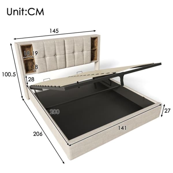Upplyst sängram med trådlös USB C-laddning, sängram 140x200cm, sängram med förvaringsutrymme