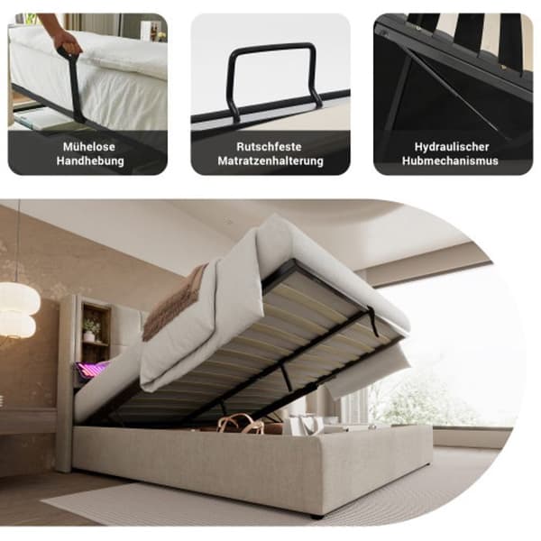 Upplyst sängram med trådlös USB C-laddning, sängram 140x200cm, sängram med förvaringsutrymme