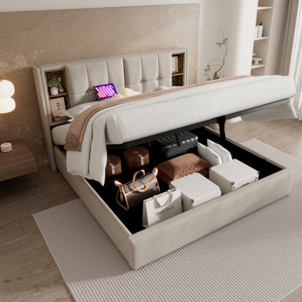 Upplyst sängram med trådlös USB C-laddning, sängram 140x200cm, sängram med förvaringsutrymme