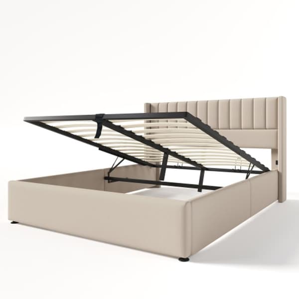 Säng hydraulisk 140x200 cm, Sängram med träbotten, Säng med metallbotten, Linne, Beige