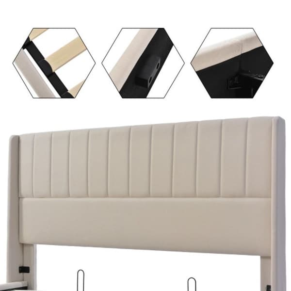 Säng hydraulisk 140x200 cm, Sängram med träbotten, Säng med metallbotten, Linne, Beige