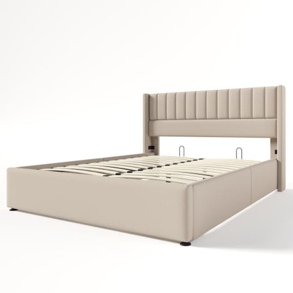Säng hydraulisk 140x200 cm, Sängram med träbotten, Säng med metallbotten, Linne, Beige