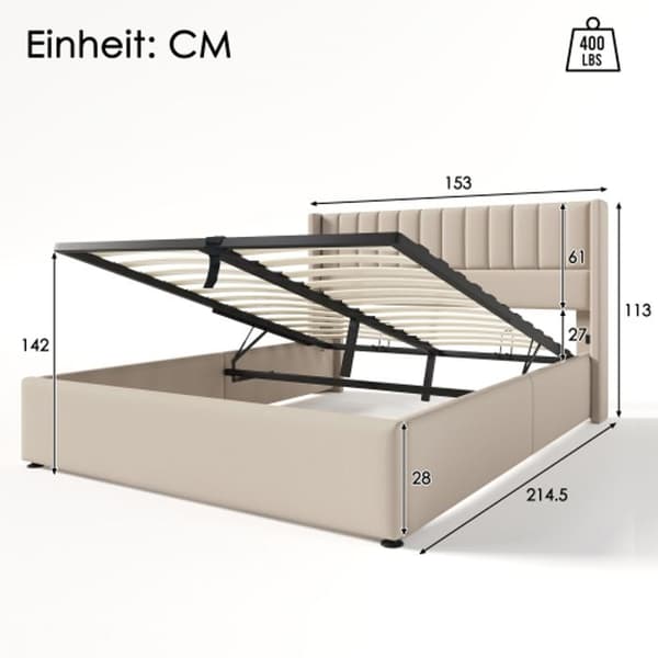 Säng hydraulisk 140x200 cm, Sängram med träbotten, Säng med metallbotten, Linne, Beige