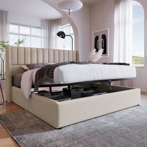 Säng hydraulisk 140x200 cm, Sängram med träbotten, Säng med metallbotten, Linne, Beige