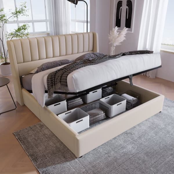 Säng hydraulisk 140x200 cm, Sängram med träbotten, Säng med metallbotten, Linne, Beige