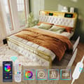 Miniatyrbild 1 av 6: Liträdd med USB APP-Styrd LED metall sängram 160 x 200 sängram och 4 lådor, sammet (utan madrass)