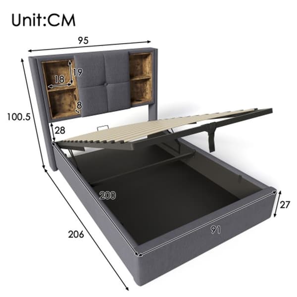 Polstrad sängram med trådlös USB C-laddning, sängram 90x200cm, sängram med förvaringsutrymme (madrass ingår inte)