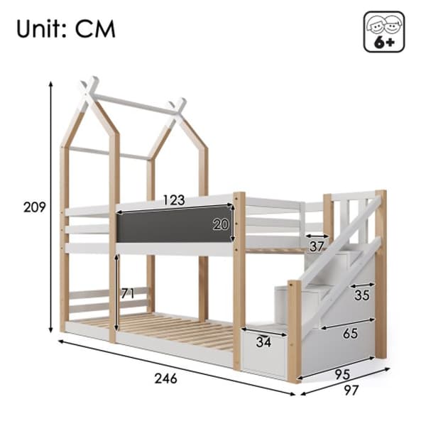 Lekt caban för barn med ram 90 x 200 cm, hög säng för barn - 2x ribbotten - naturlig och vit (utan madrass)