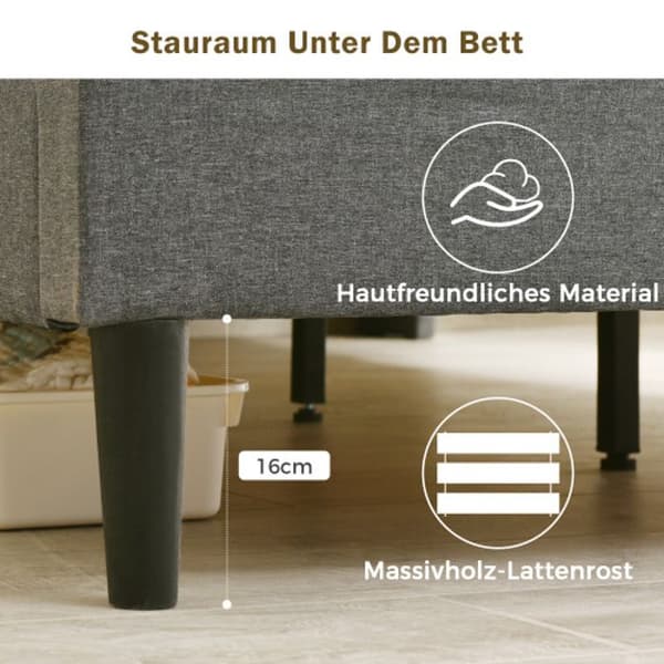 Puffad säng Dubbel säng Sänggavel med LED-belysning Sängram Sängbotten med ribbor, 140*200CM Grå (utan madrass)