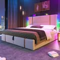 Miniatyrbild 3 av 6: Lit med stoppning USB APP kontroll LED 140×200 Förvaringssängram, beige Material linne (madrass ingår inte)