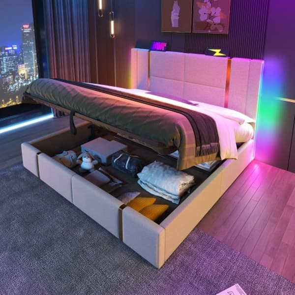 Lit med stoppning USB APP kontroll LED 140×200 Förvaringssängram, beige Material linne (madrass ingår inte)