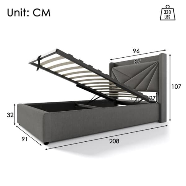 Säng i enkel storlek 90x200 med sänggavel med USB-C-laddning, säng med förvaring (utan madrass)