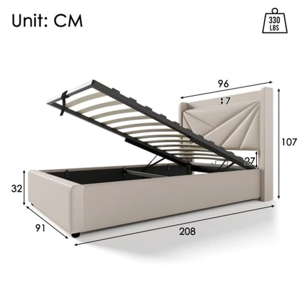 Polstret sänggavel med USB-C-laddningsfunktion, enkel säng 90x200 med ribbotten (utan madrass)