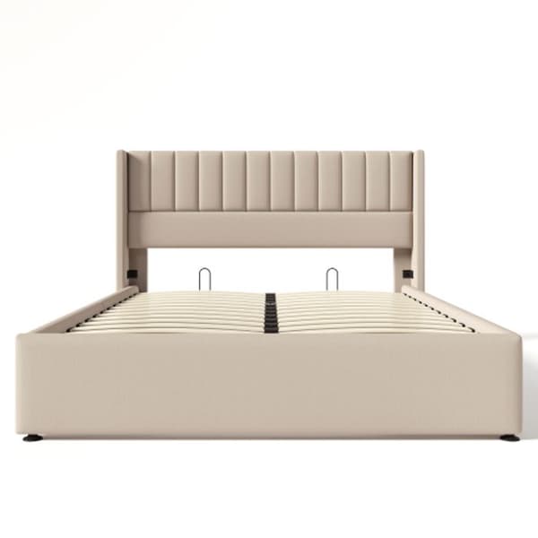 Säng med förvaring 160x200 cm, Träribbsängbotten, Säng med metalribbsängbotten, Linne, Beige