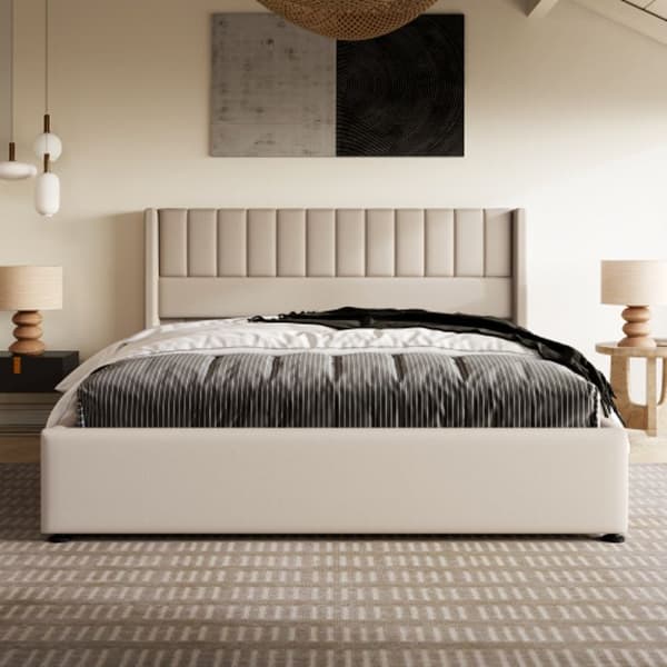 Säng med förvaring 160x200 cm, Träribbsängbotten, Säng med metalribbsängbotten, Linne, Beige