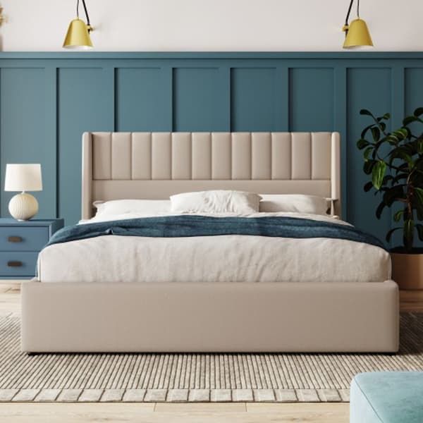 Säng med förvaring 160x200 cm, Träribbsängbotten, Säng med metalribbsängbotten, Linne, Beige