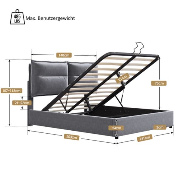 Hydraulisk dubbelsäng Cirkulär stoppad säng 140x200 cm, säng med metallribbotten, sammet, grå (utan madrass)