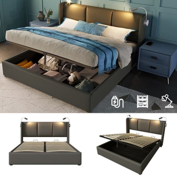 Dubbel capitonné säng med läslåda och USB-laddningsfunktion 140x200 med ribbotten (madrass ingår ej)