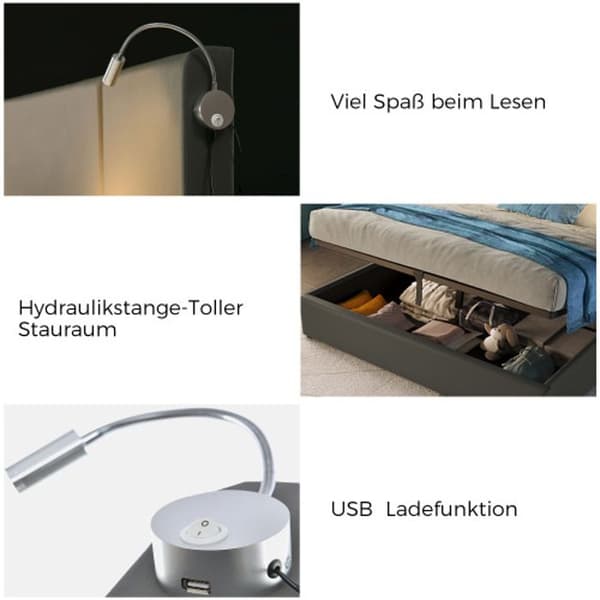 Dubbel capitonné säng med läslåda och USB-laddningsfunktion 140x200 med ribbotten (madrass ingår ej)