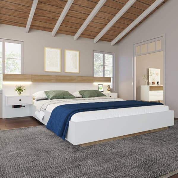 Dubbelsäng Set med 2 sänggavlar LED och USB C uttag 160 x 200 cm Vit set (utan madrass)