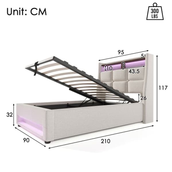 "Lit stoppad med USB 90x200cm, enkel LED-säng med metallram, sängram i lin, juniorsäng (med madrass)"