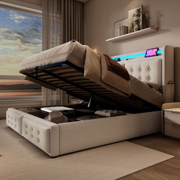 Säng med stoppad ram 140x200, dubbel med LED-huvudgavel och USB C-laddare, kapacitet 300 kg, beige, bomull (utan madrass)