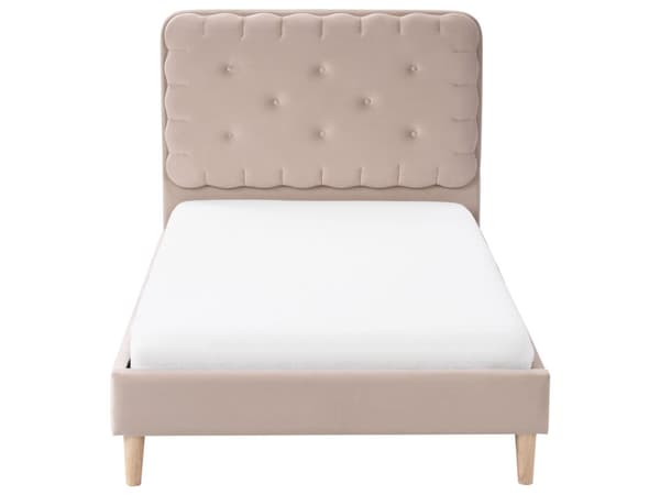 Seng beige fløjlsbeklædning 90 x 200 cm med hovedgærde moderne traditionel stil børneværelse