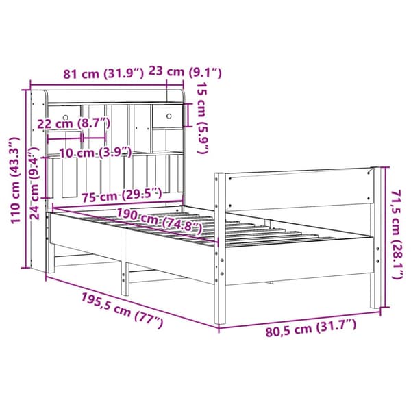 Säng med bokhylla utan madrass vit 75x190cm massiv furu