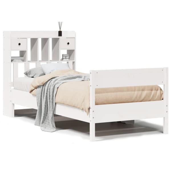 Säng med bokhylla utan madrass vit 75x190cm massiv furu