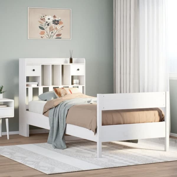 Säng med bokhylla utan madrass vit 75x190cm massiv furu