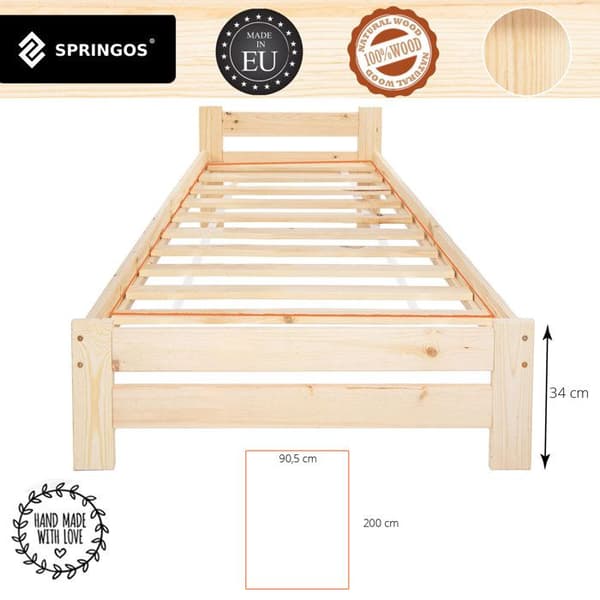 Ljust säng - Springos - 90 x 200 cm - Massivt trä - Inbyggd sänggavel - Ribbotten