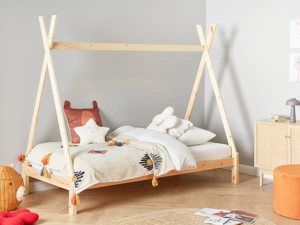 Børneseng tipi lyst fyrretræ 90 x 200 cm enkeltseng til børn lamelbundsseng